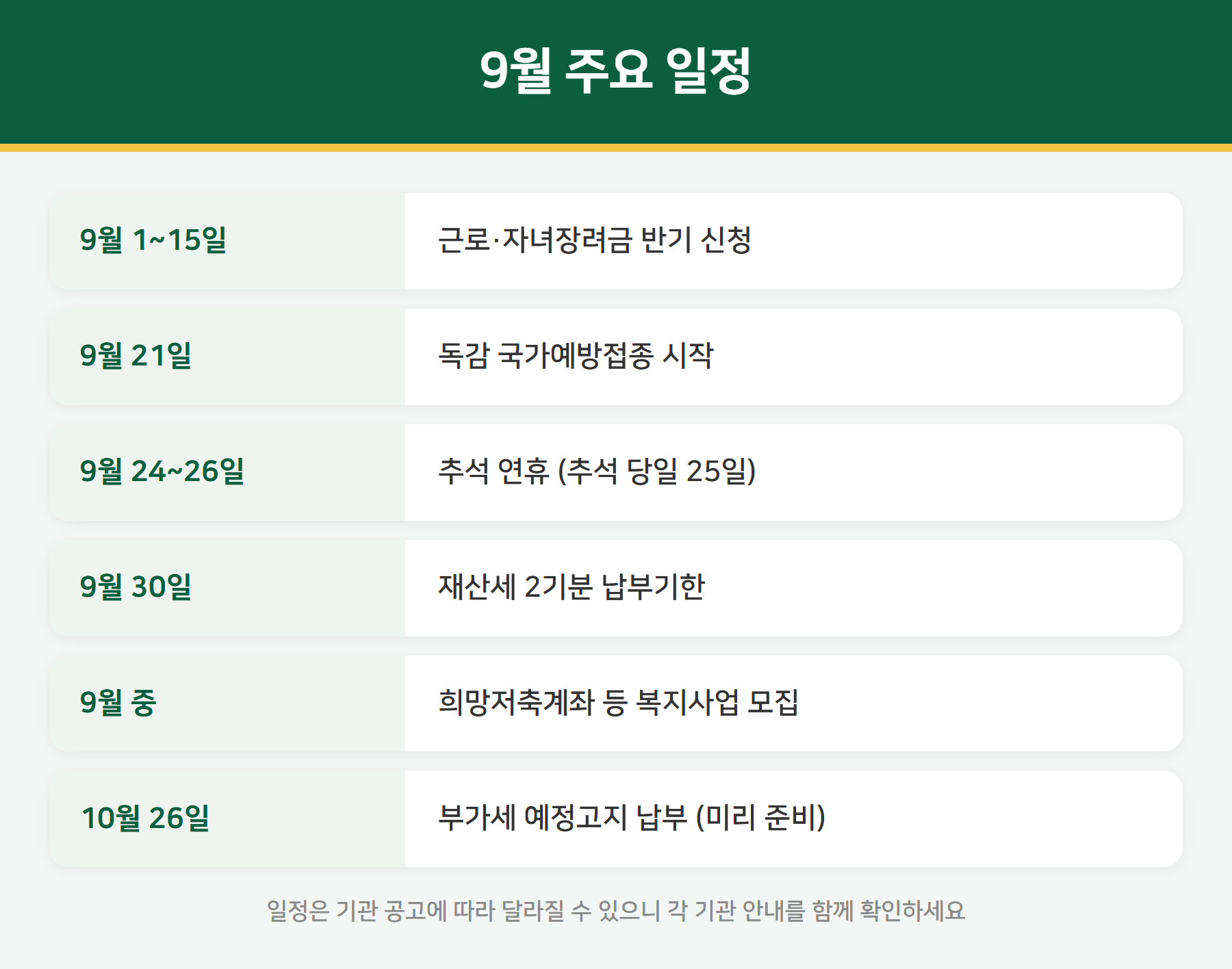 9월 주요 일정 요약
