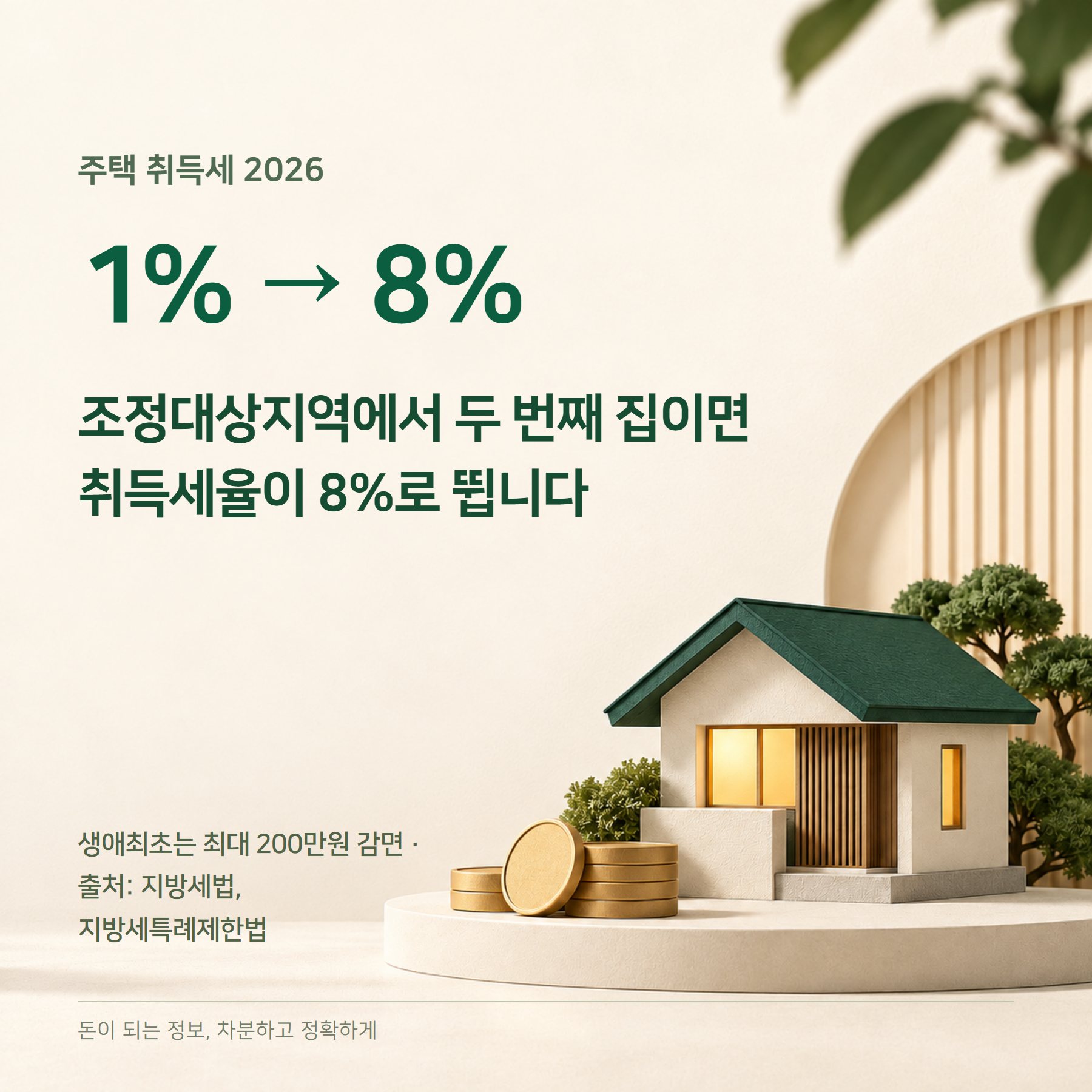 주택 취득세 2026 — 1~3%·중과 8%·생애최초 감면