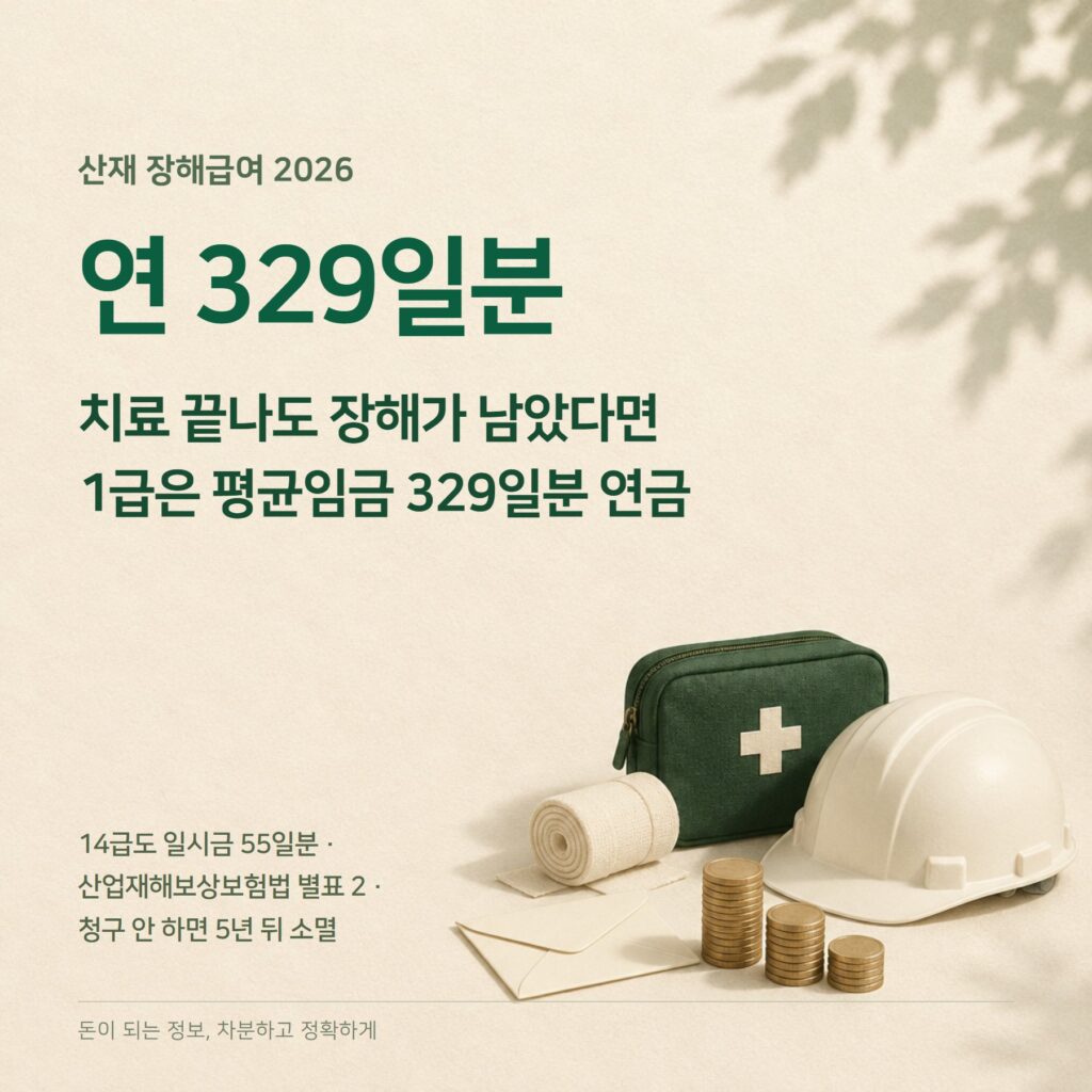 산재 장해급여 2026 — 1~14급 지급일수·연금·청구