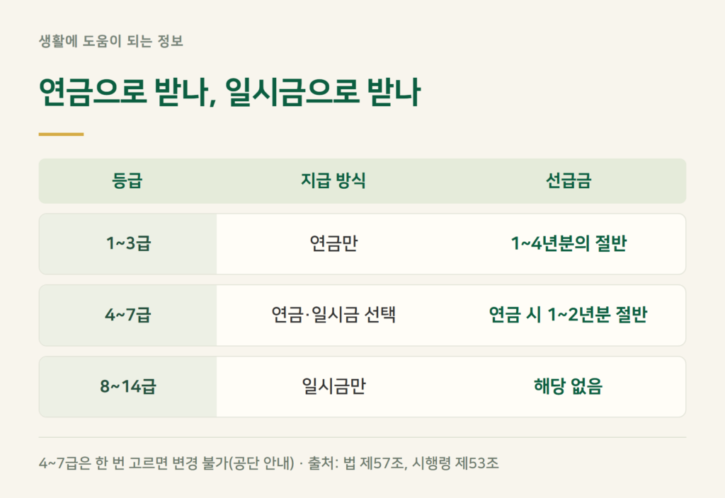 장해급여 연금과 일시금, 몇 급부터 고를 수 있나요?