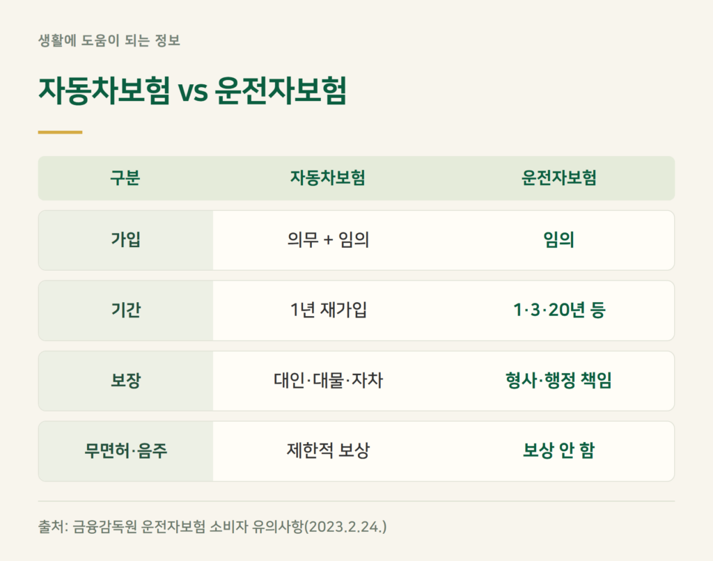 자동차보험과 운전자보험 차이, 왜 둘 다 있나요?