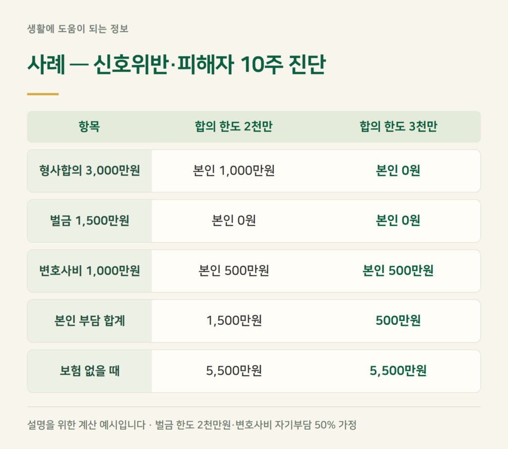 사례 계산 — 신호위반으로 보행자 10주 진단이면 내 돈은?