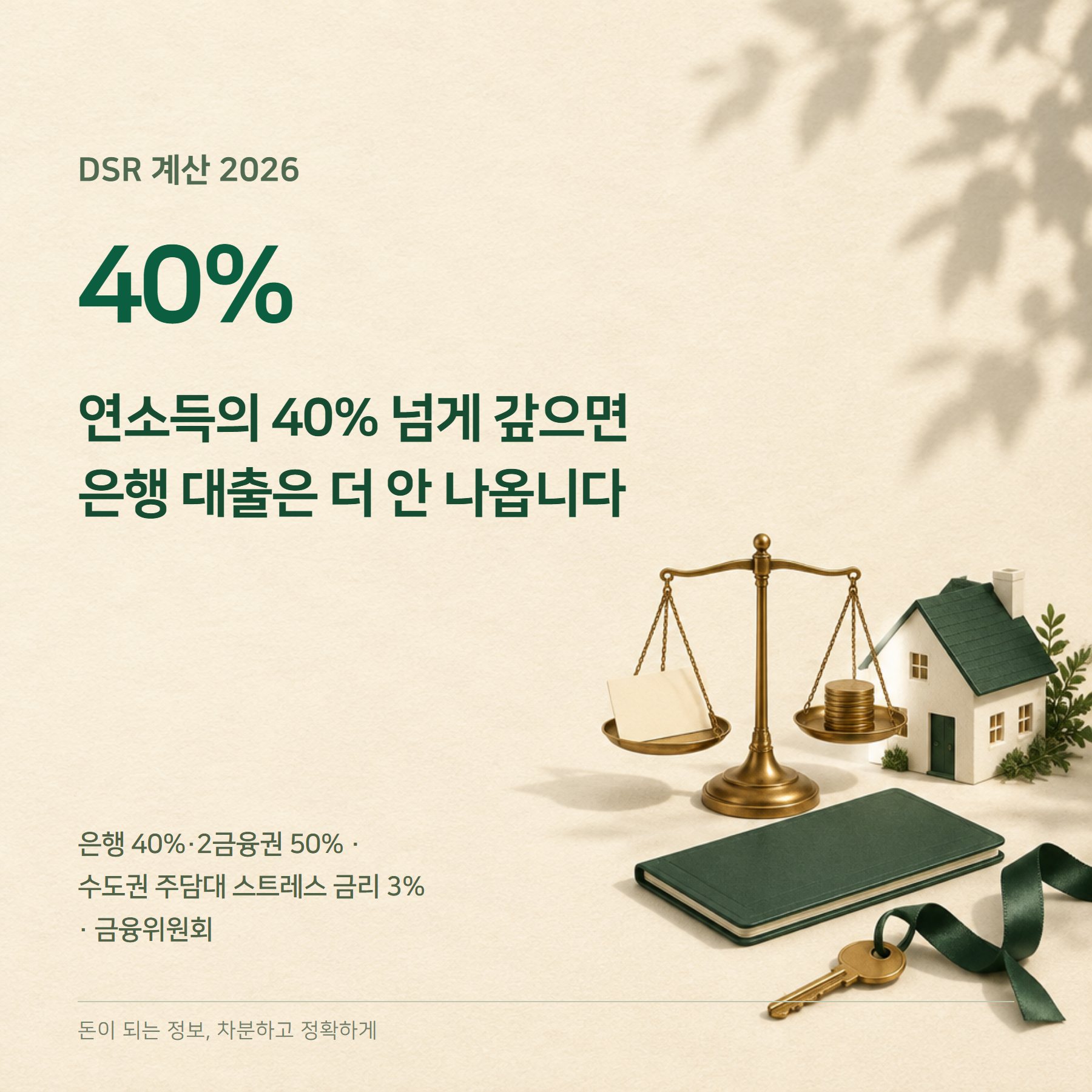 DSR 계산 2026 — 은행 40%·스트레스 3%·한도