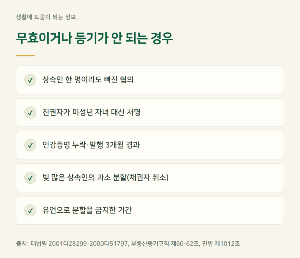 상속재산분할협의서, 이런 경우는 무효이거나 등기가 안 됩니다