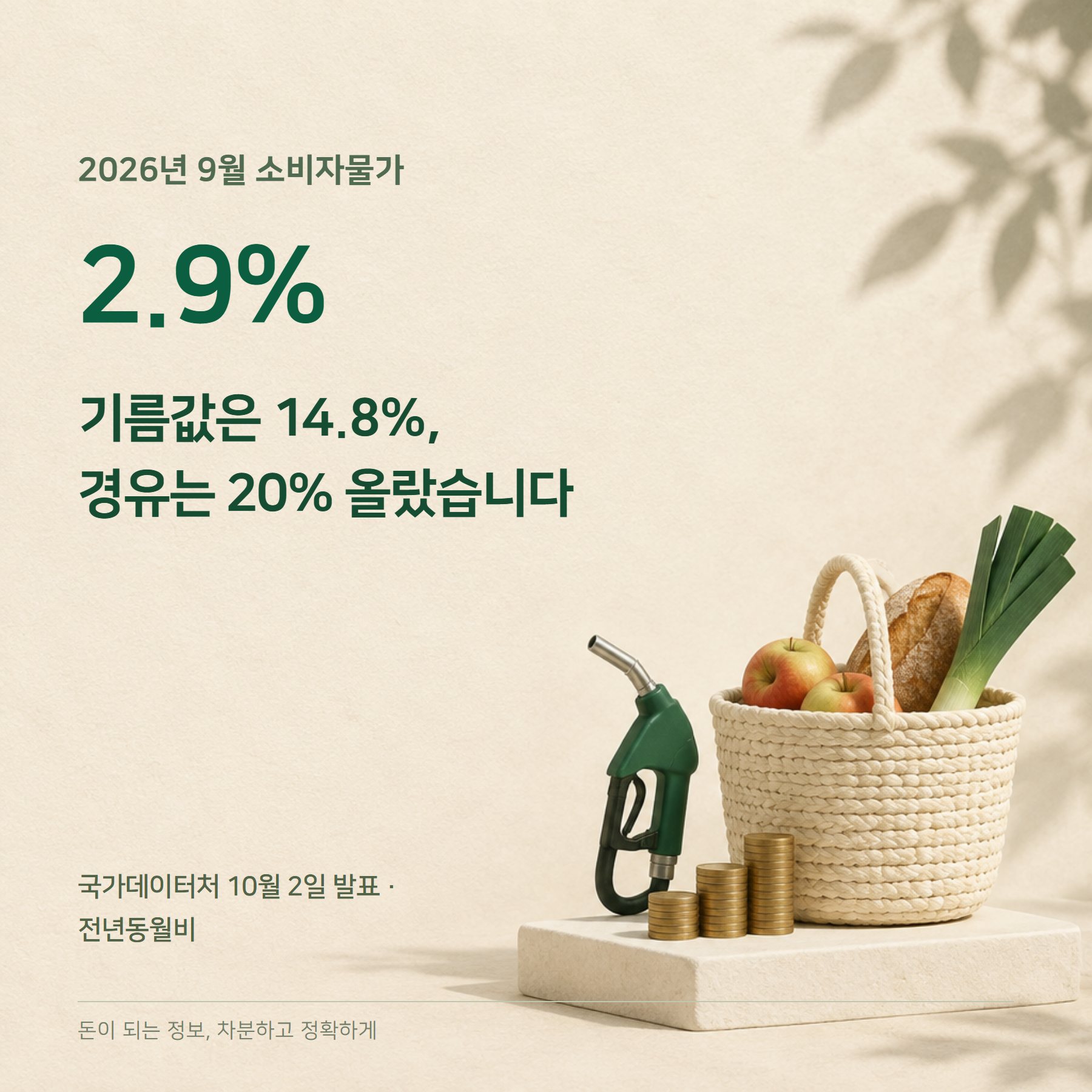 9월 소비자물가 2.9% — 경유 20%·석유류 14.8%·유류세 연장