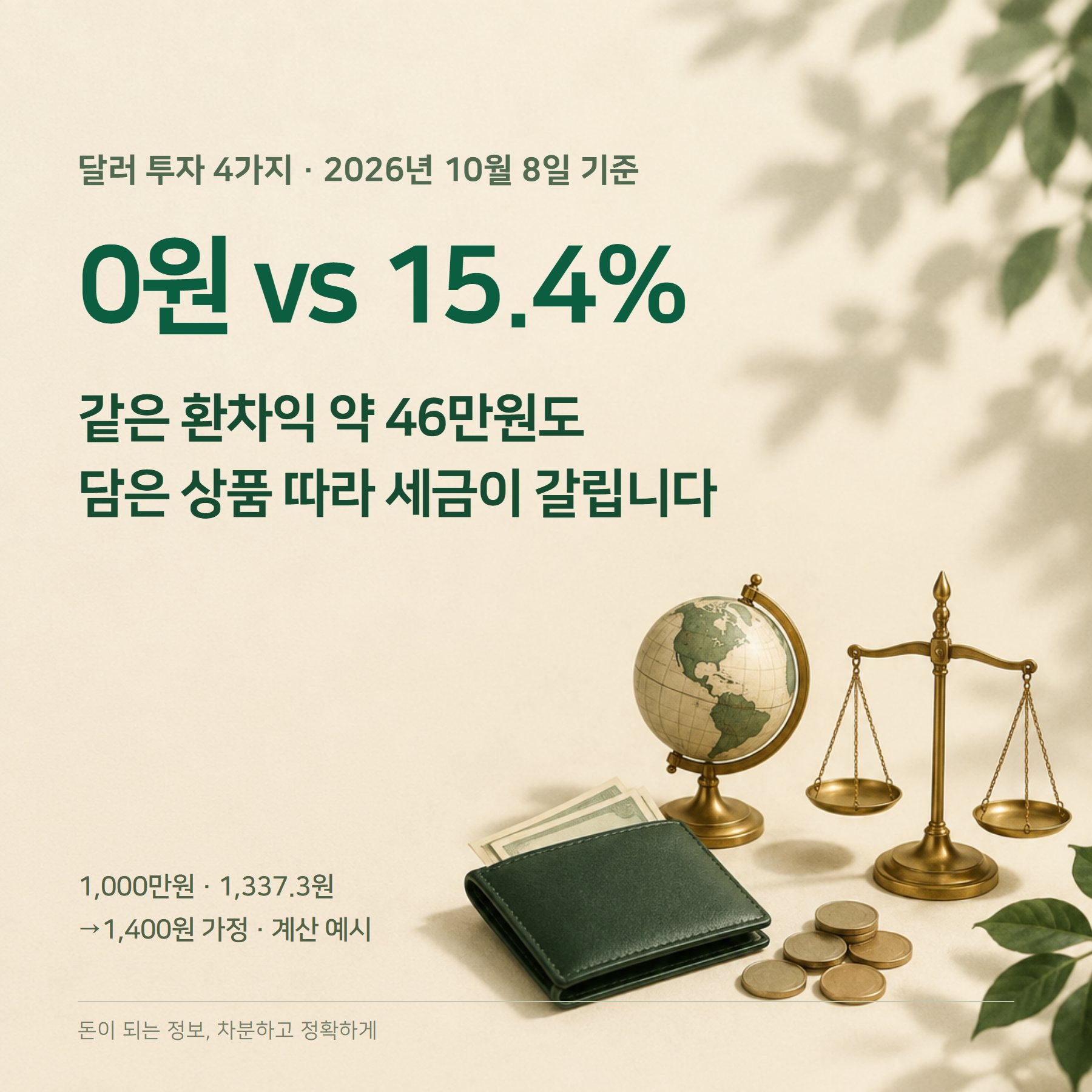 달러 투자 2026 — 환차익 세금 0원·15.4%·22%