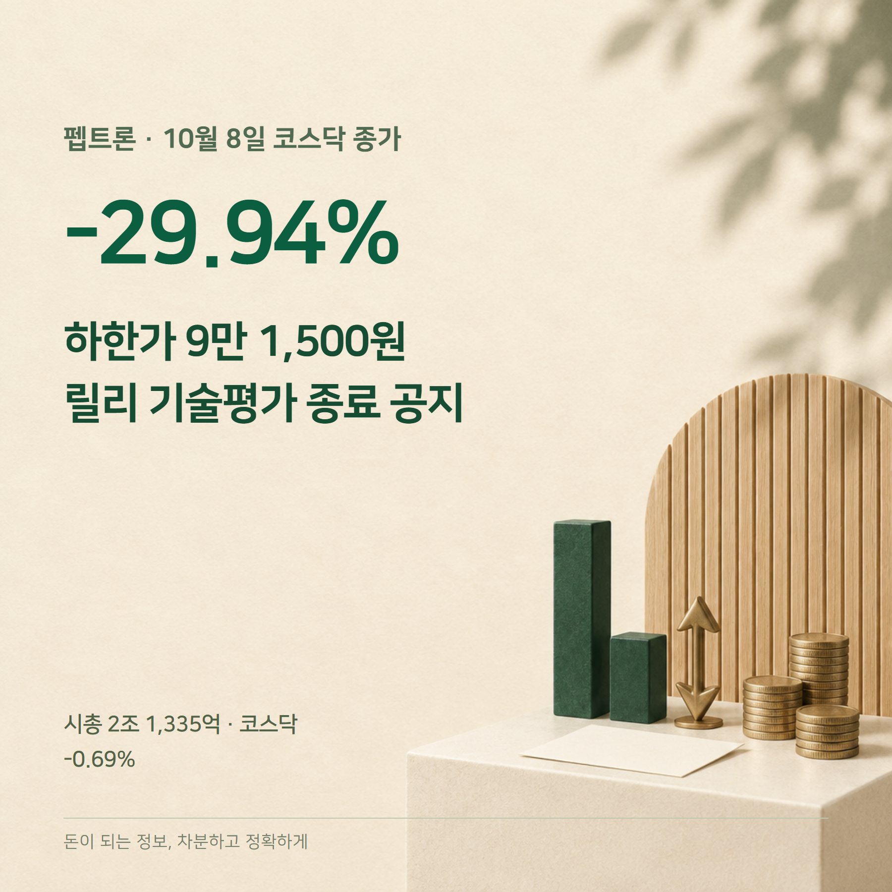 펩트론 주가 2026 — 하한가 29.94%·릴리 평가 종료