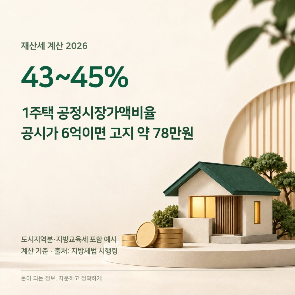 재산세 계산 2026 — 공정시장가액비율 43~45%·세율·계산기
