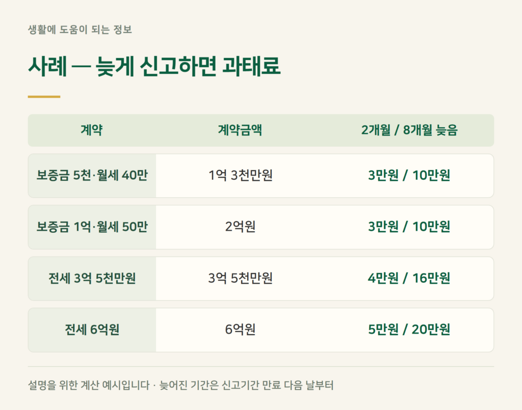 신고를 두 달, 여덟 달 늦추면 과태료가 얼마인가요?