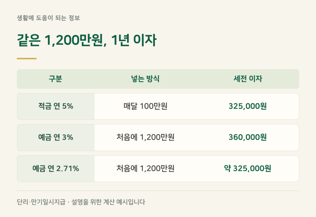 적금과 예금, 같은 1,200만원이면 이자 차이는?