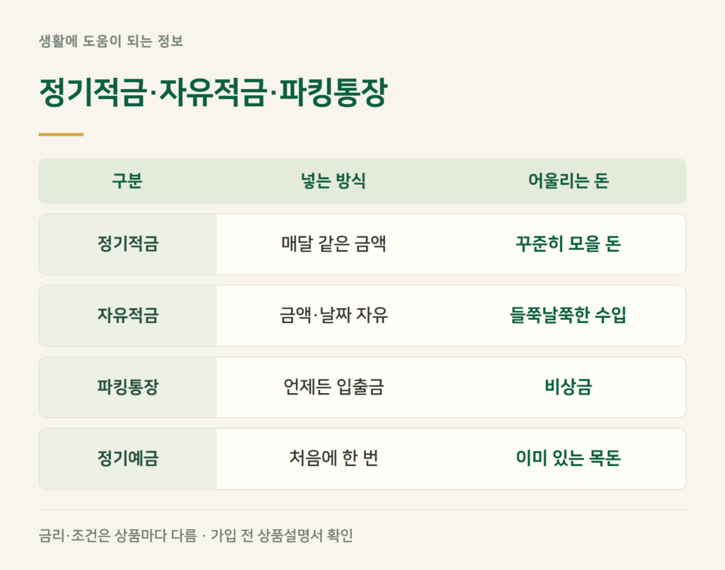 정기적금·자유적금·파킹통장, 무엇이 다른가요?