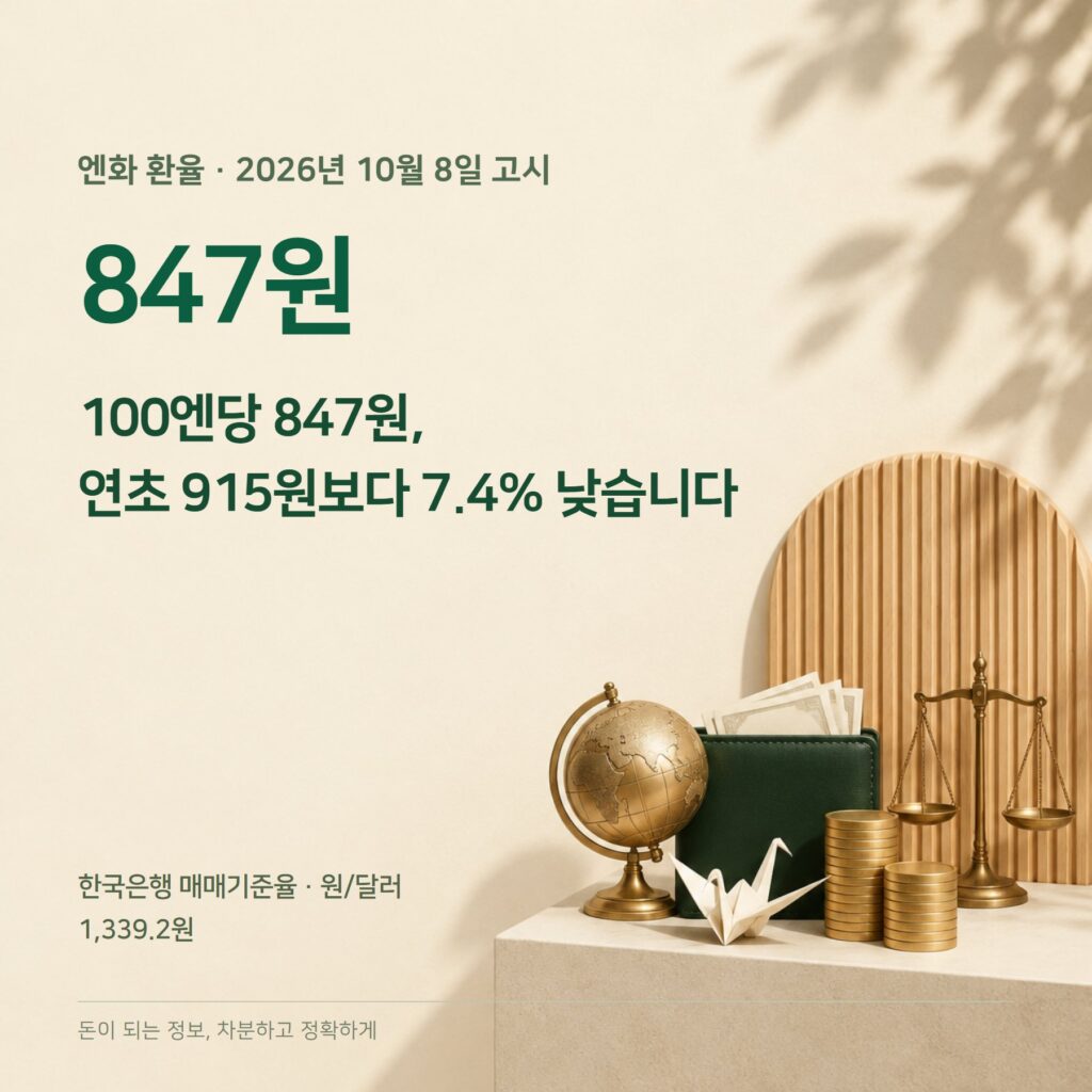 엔화 환율 2026 — 100엔당 847원·환전·세금